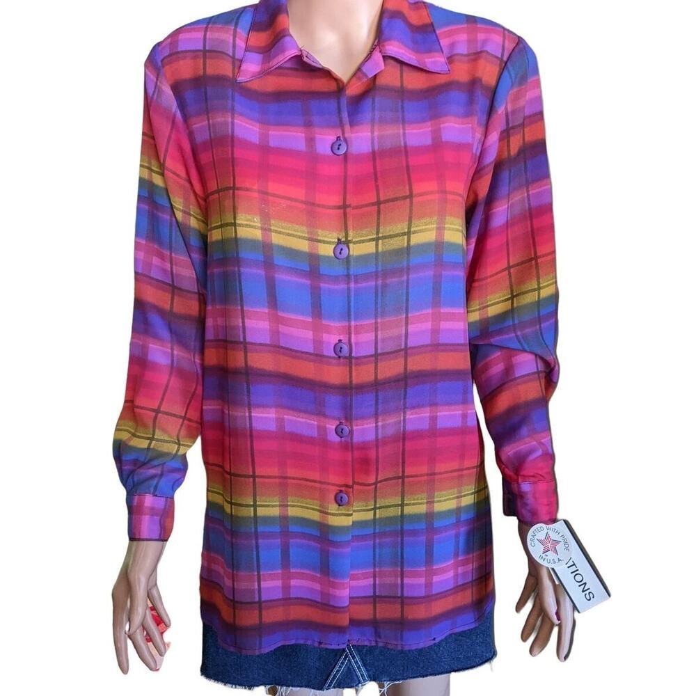 Vintage Deadstock Notations Rainbow Plaid Blouse USA Made Sheer Button Front S